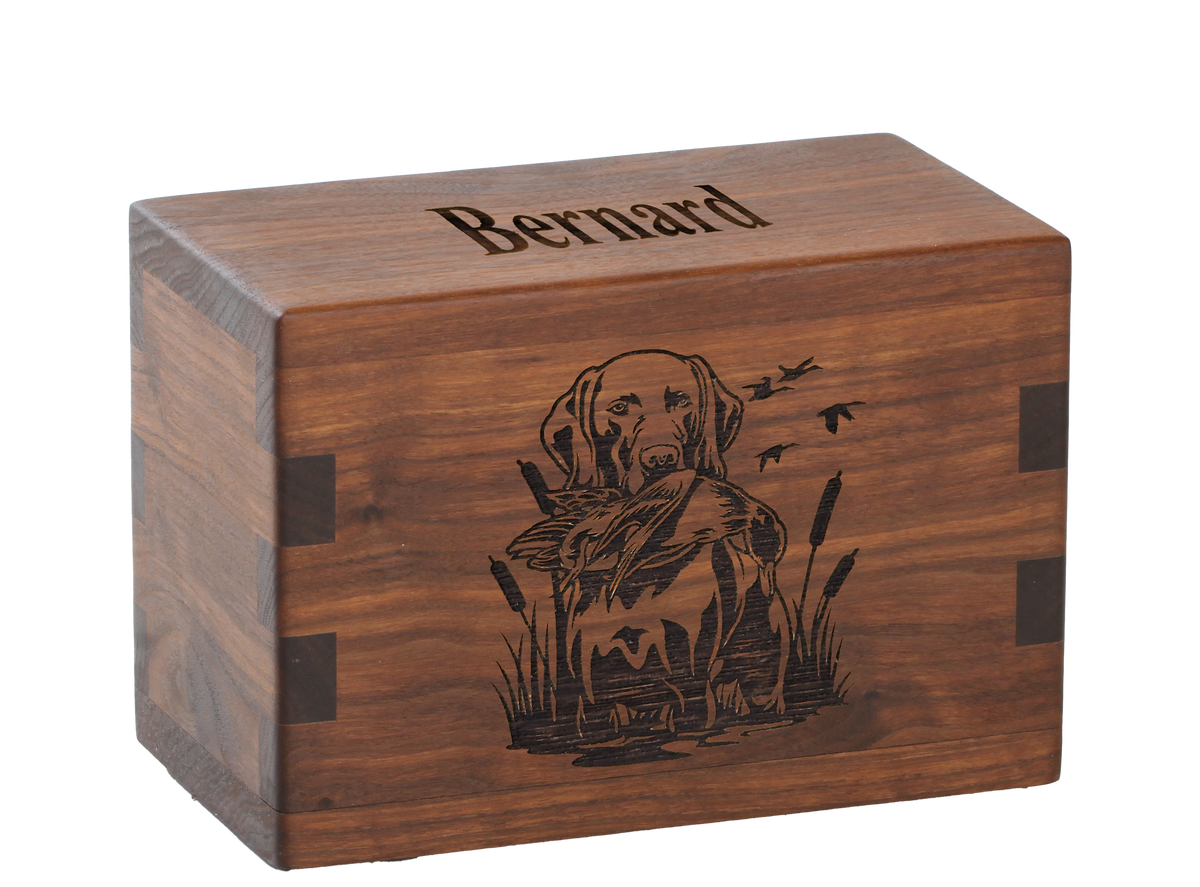 Personalized wooden pet cremation urn handcrafted in Walnut with custom laser engraving.