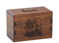 Personalized wooden pet cremation urn handcrafted in Walnut with custom laser engraving.