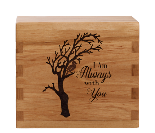 Classic cremation urn with personalized laser engraving of a cardinal in a tree.