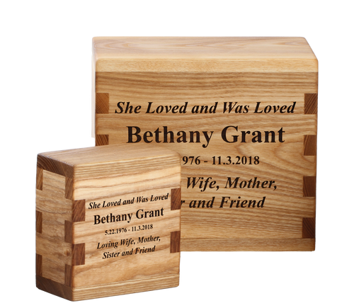 Bundle of cremation urns with matching personalized laser engravings.