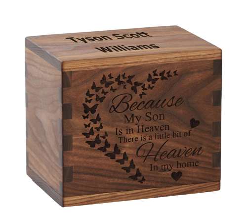 Classic cremation urn with personalized laser engraving and sentiment.