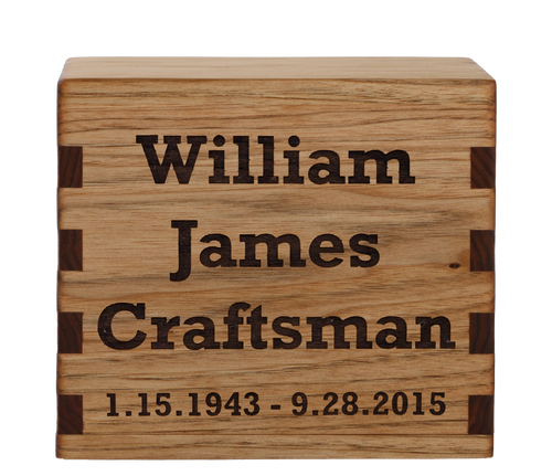 Classic cremation urn with personalized laser engraving on butternut.