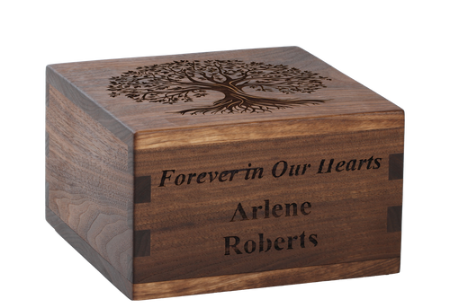 Craftsman cremation urn with personalized laser engraving of the Tree of Life.