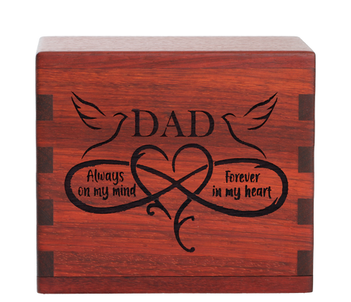 Classic cremation urn with personalized laser engraving.