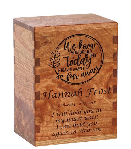 Classic cremation urn with personalized laser engraving.