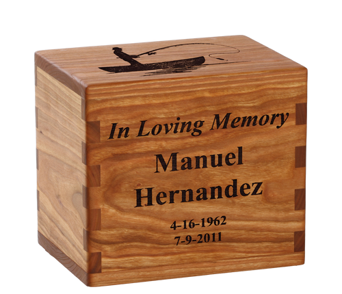 Classic cremation urn with personalized laser engraving of fishing boat.