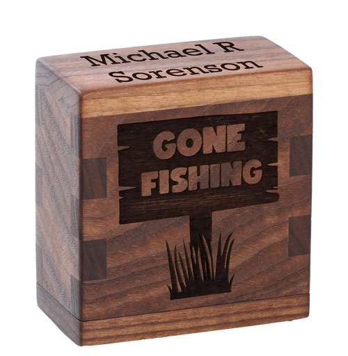 Keepsake cremation urn with personalized laser engraving of gone fishing sign.