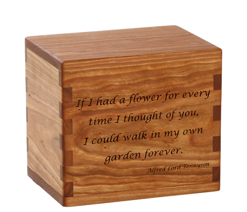 Classic cremation urn with personalized laser engraving and poem.