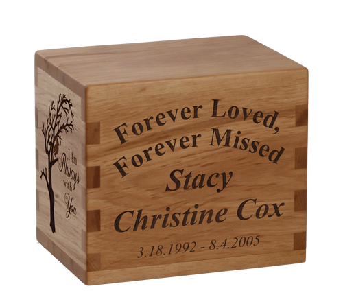 Classic cremation urn with personalized laser engraving.