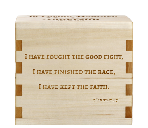 Classic cremation urn with personalized laser engraving and scripture.