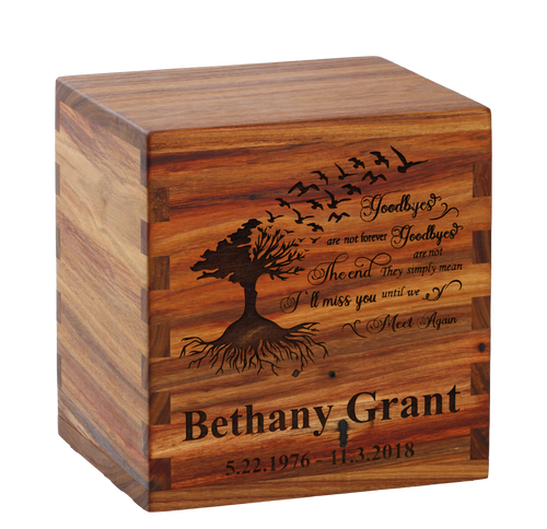 Classic cremation urn with personalized laser engraving.