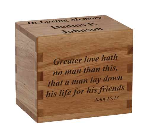 Classic cremation urn with personalized laser engraving and scripture.