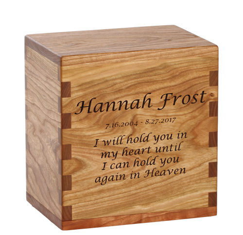 Classic cremation urn with personalized laser engraving and poem.