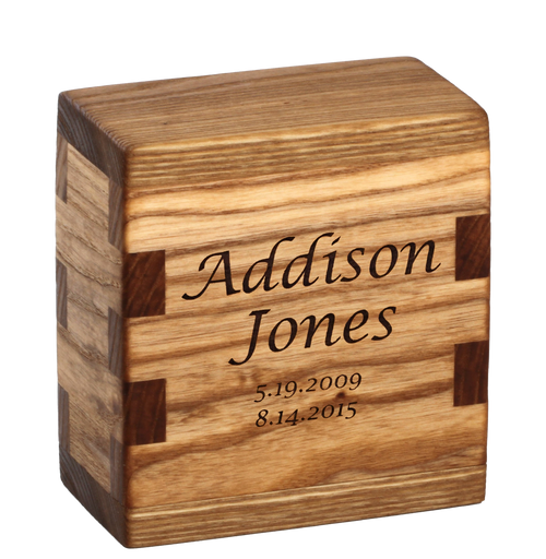 Keepsake cremation urn with personalized laser engraving.