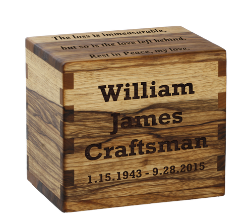 Classic cremation urn with personalized laser engraving.