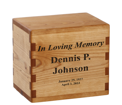 Classic cremation urn with personalized laser engraving.