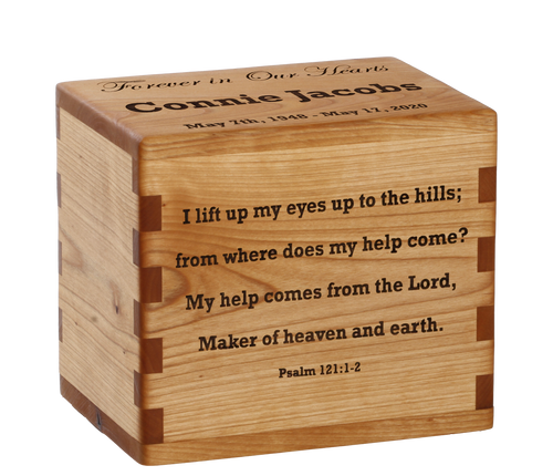 Classic cremation urn with personalized laser engraving and scripture.