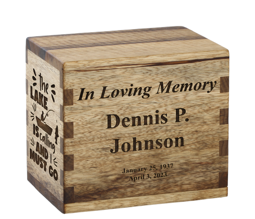 Classic cremation urn with personalized laser engraving and sentiment.