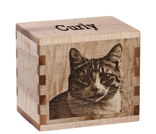 Pet cremation urn with personalized laser engraving of a cat.