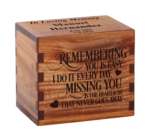 Classic cremation urn with personalized laser engraving and sentiment.