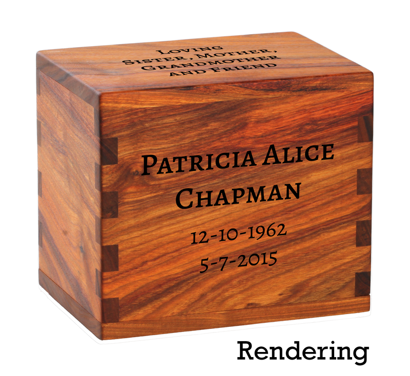 Personalized cremation urn with laser engraving rendering.