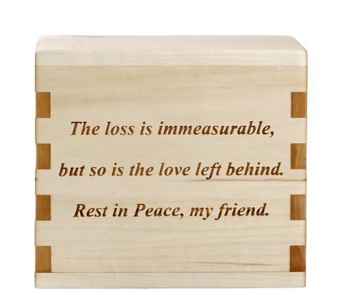 Classic cremation urn with personalized laser engraving and sentiment.