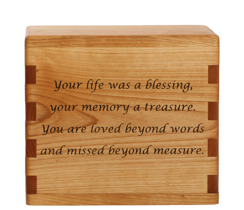 Classic cremation urn with personalized laser engraving and sentiment.