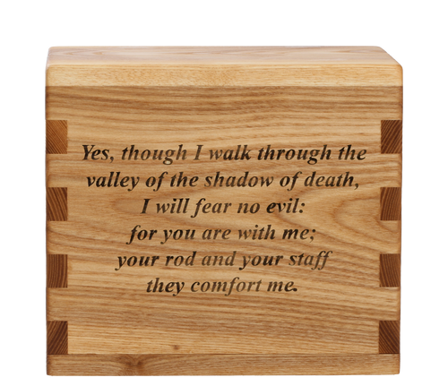 Classic cremation urn with personalized laser engraving and scripture.