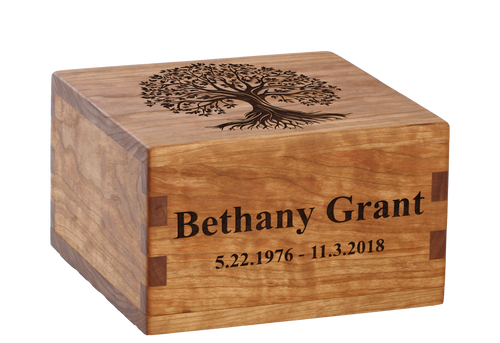 Craftsman cremation urn with personalized laser engraving of the Tree of Life.