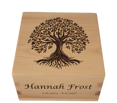 Craftsman cremation urn with personalized laser engraving of the Tree of Life.