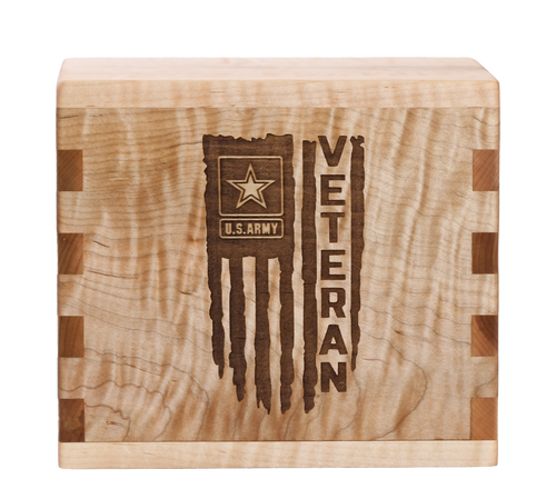 Classic cremation urn with personalized laser engraving of a veteran flag.