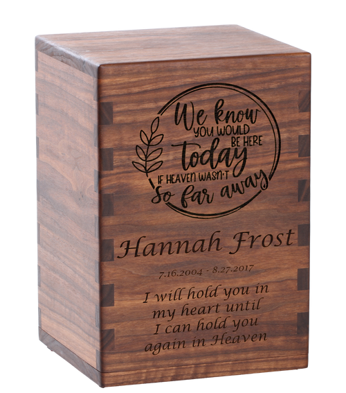 Classic cremation urn with personalized laser engraving and sentiment.