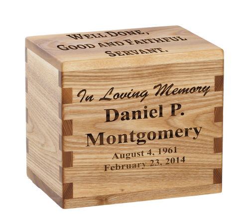 Classic cremation urn with personalized laser engraving and scripture.