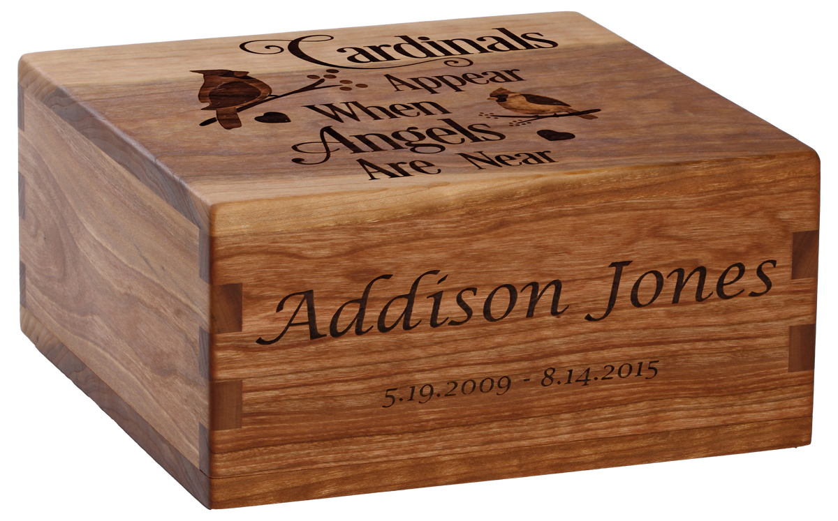 Personalized cremation urn with laser engraving.