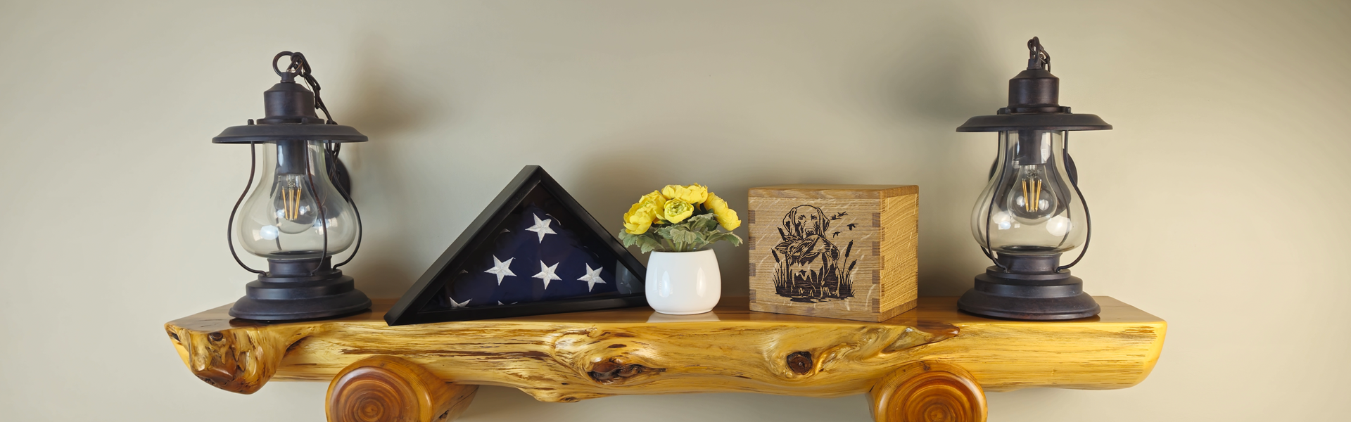 Personalized pet crematon urn displayed on a wood mantel.