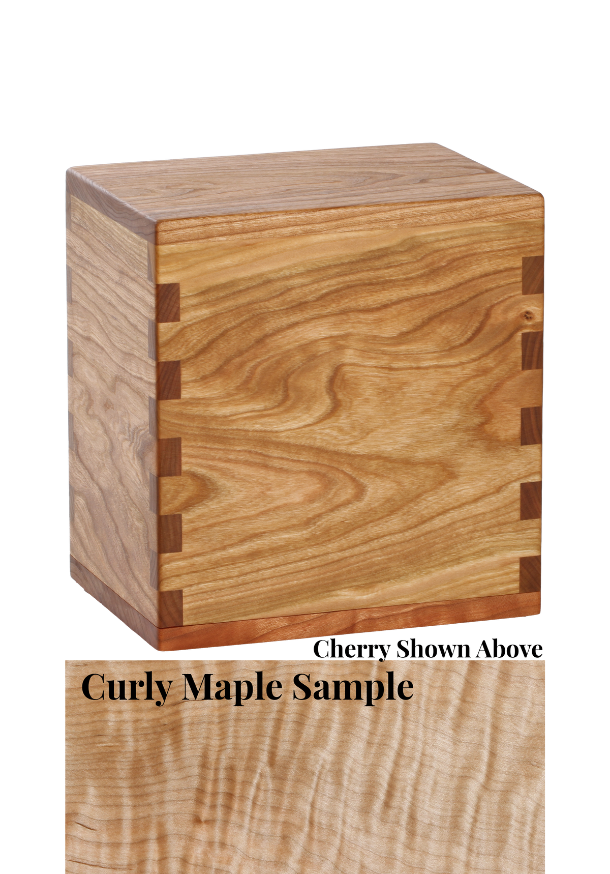 Wood cremation urn handcrafted in Curly Maple.