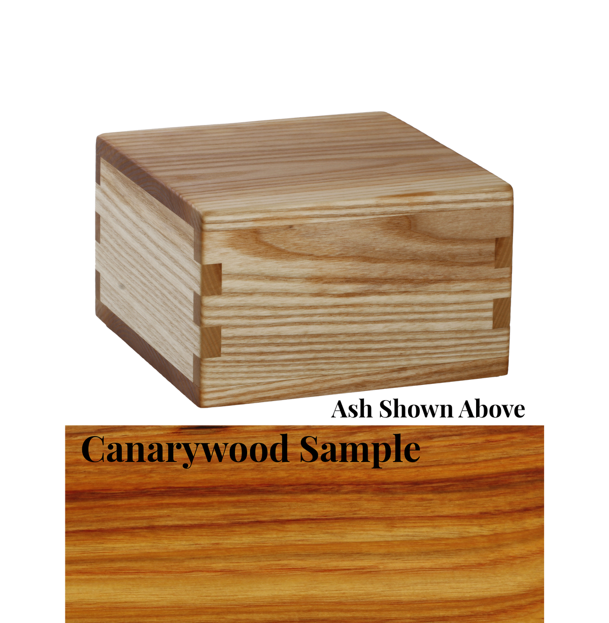 Wood cremation urn handcrafted in Canarywood.