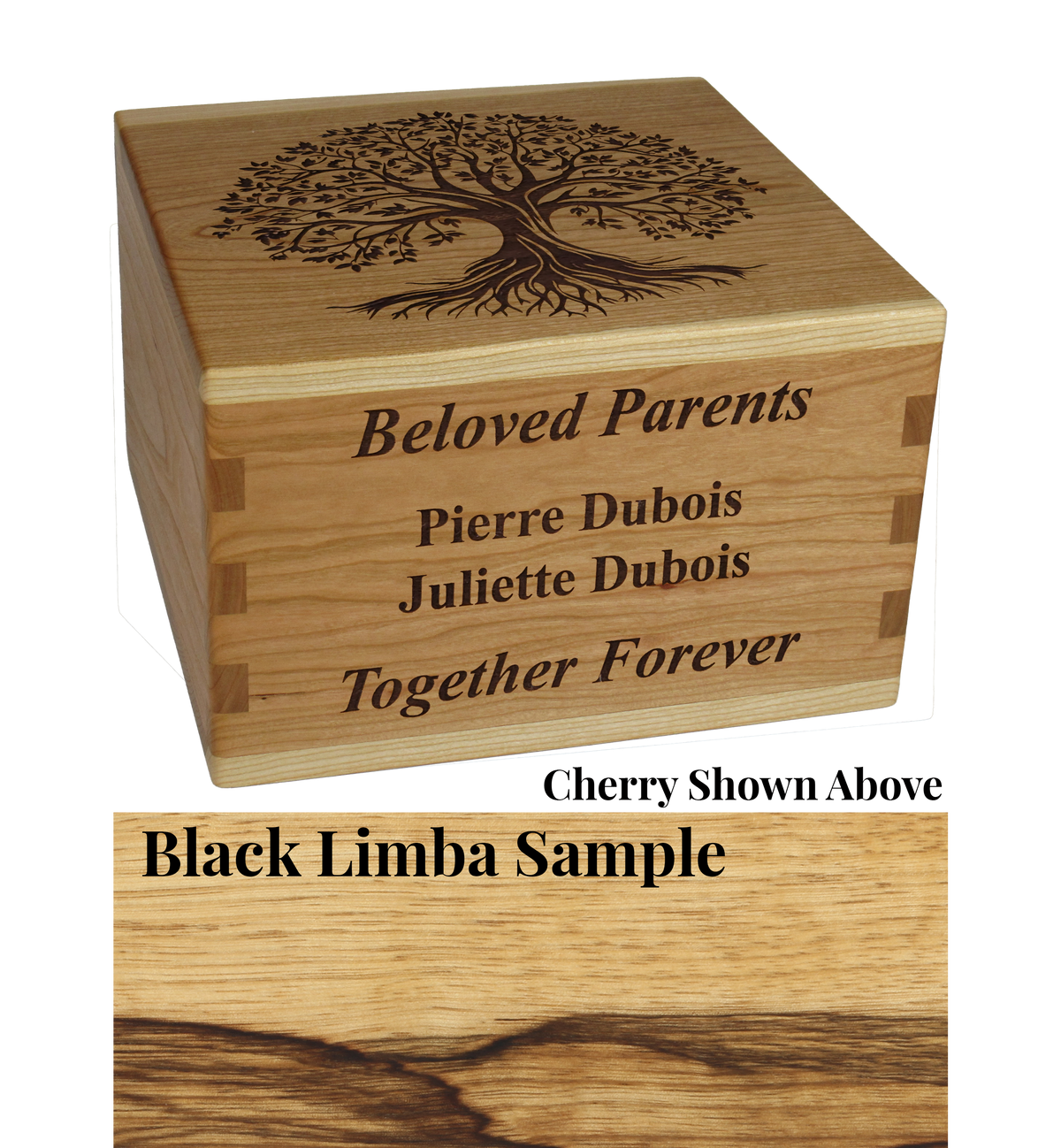 Wood cremation urn handcrafted in Black Limba.