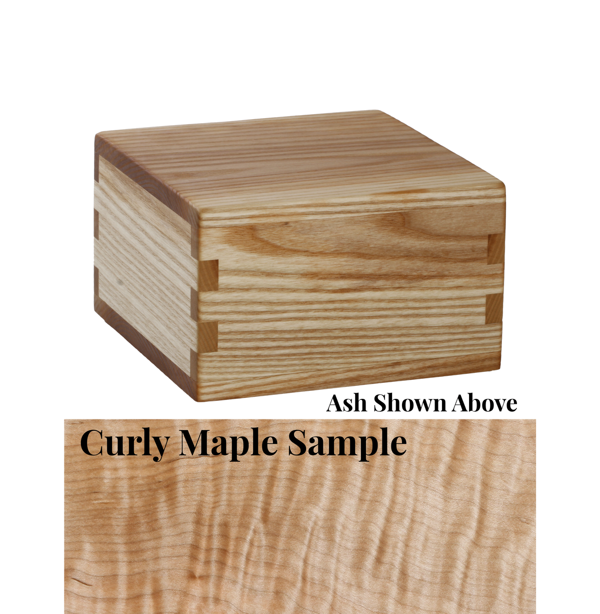 Wood cremation urn handcrafted in Curly Maple.