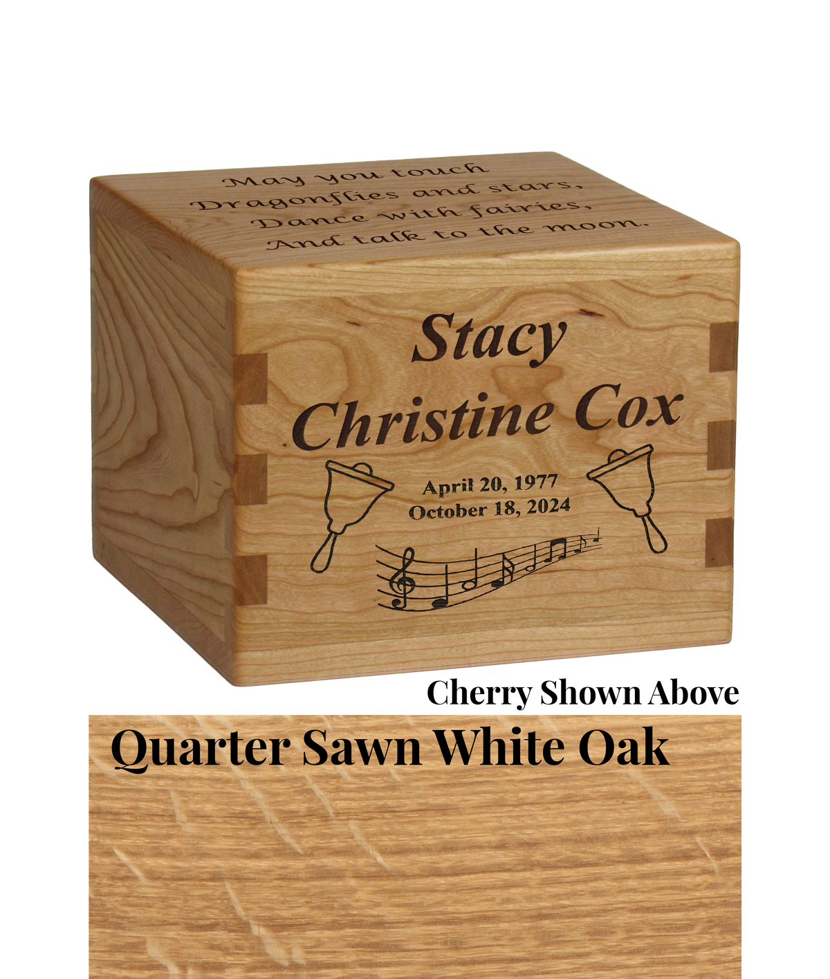 Wood cremation urn handcrafted in Quarter Sawn White Oak.