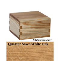 Wood cremation urn handcrafted in Quarter Sawn White Oak.