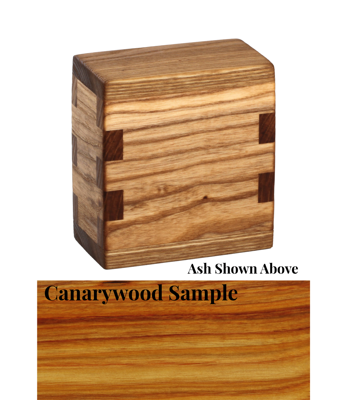 Wood keepsake cremation urn handcrafted in Canarywood.