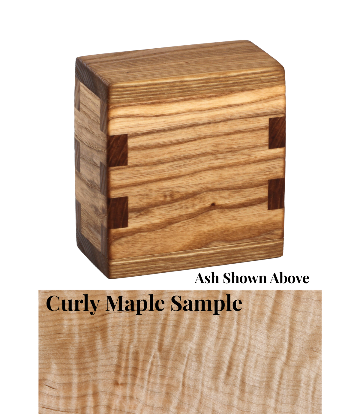 Wood keepsake cremation urn handcrafted in Curly Maple.