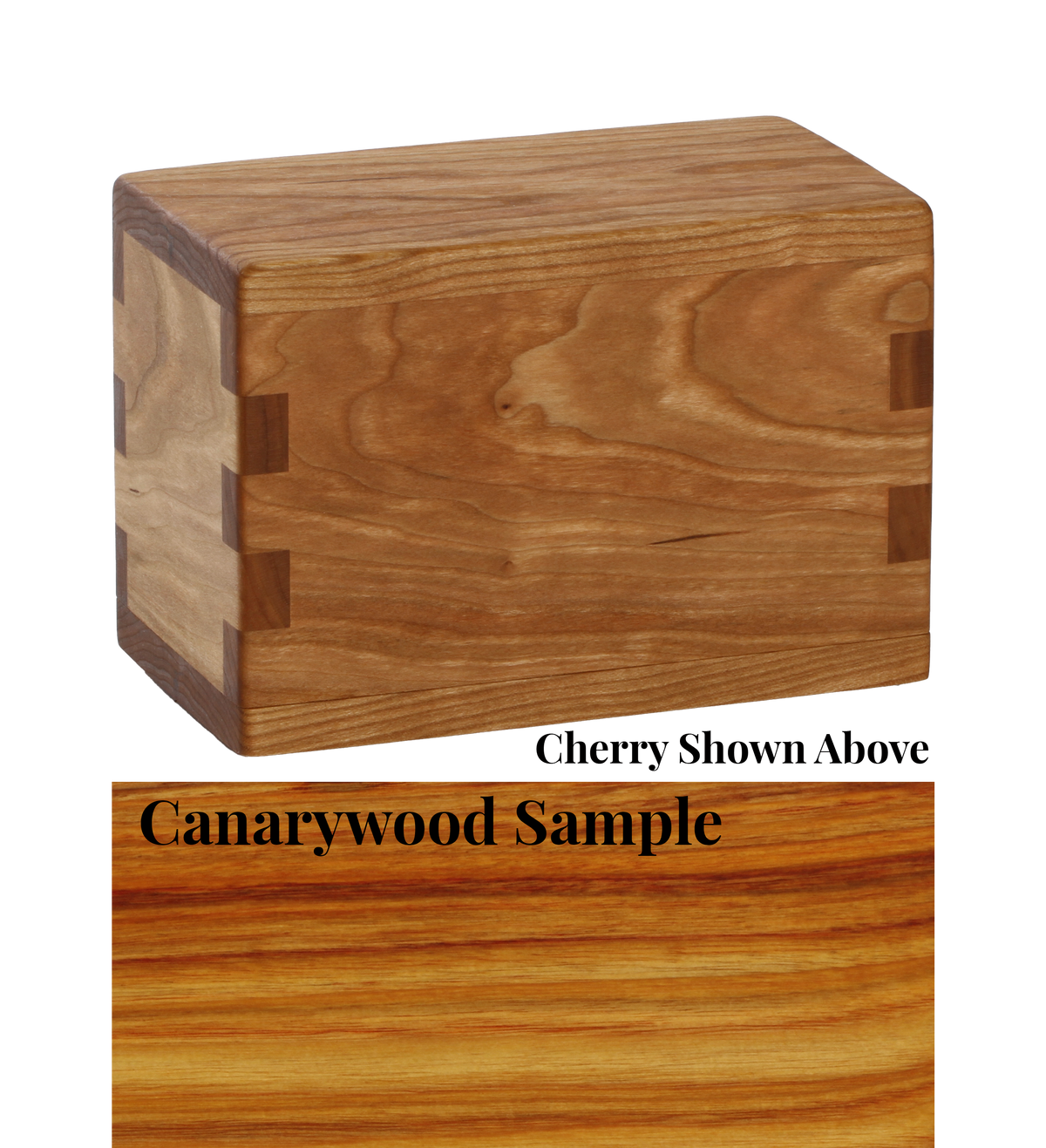 Wood keepsake cremation urn handcrafted in Canarywood.