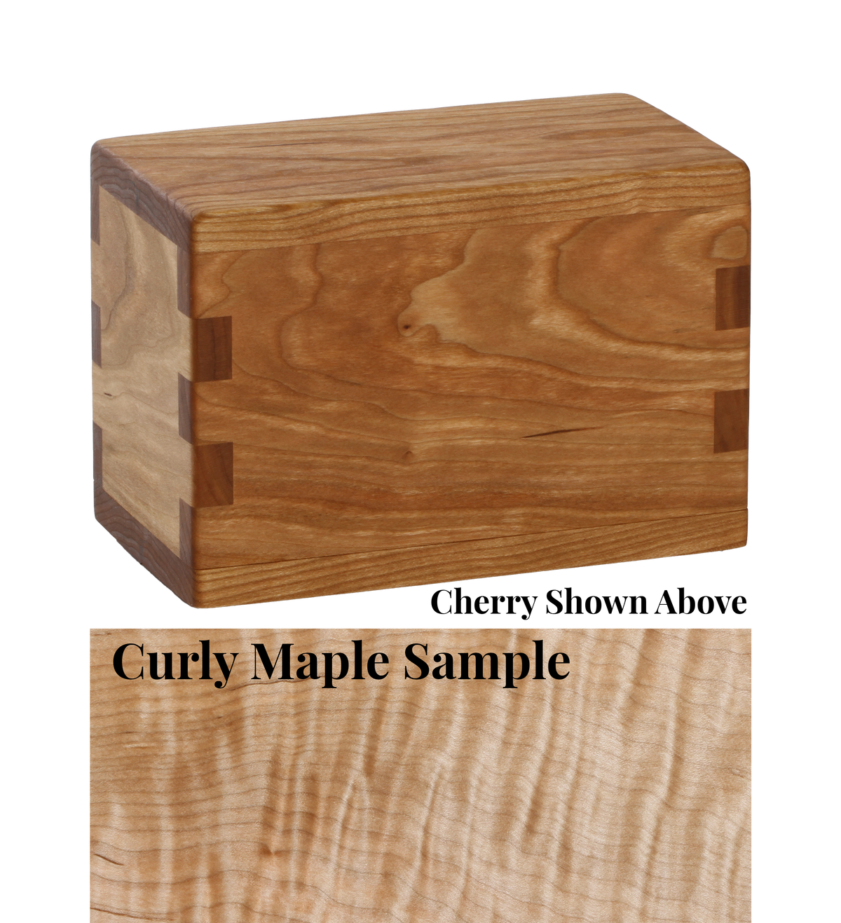 Wood keepsake cremation urn handcrafted in Curly Maple.