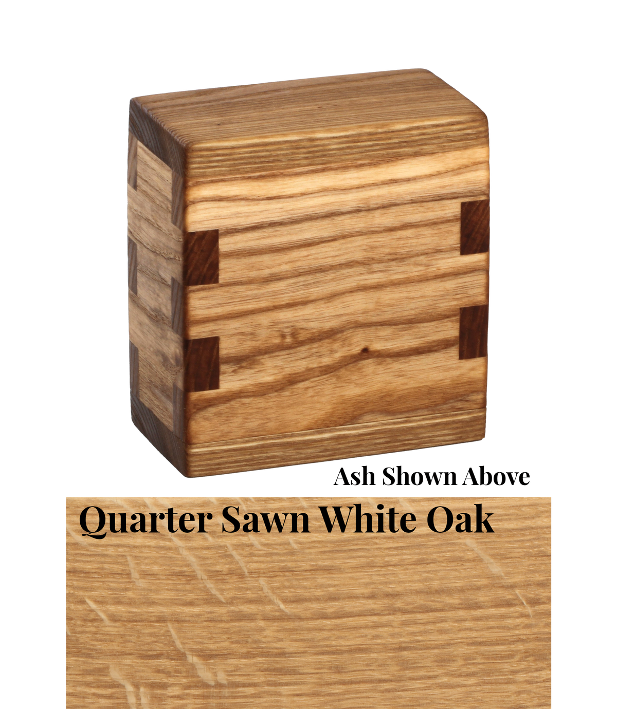 Wood keepsake cremation urn handcrafted in Quarter Sawn White Oak.